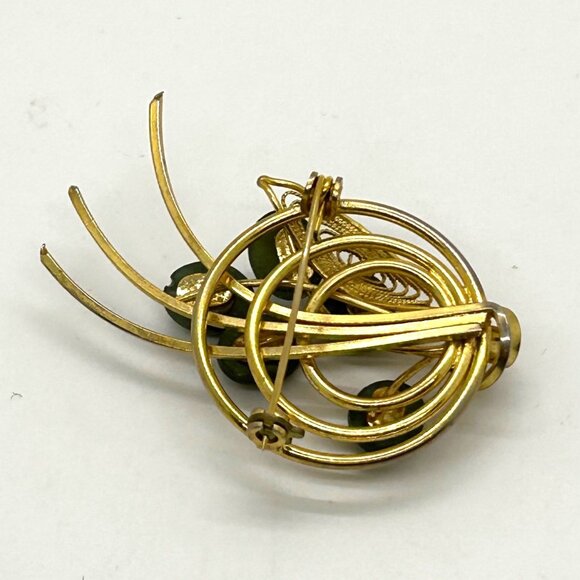 Vintage Gold-Tone Brooch With Green Stone Accents Retro Floral Design Pin - Picture 6 of 13